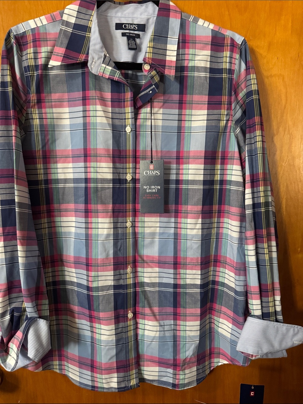 Chaps womans Pink, Navy & Light Blue Plaid Button-Down Shirt